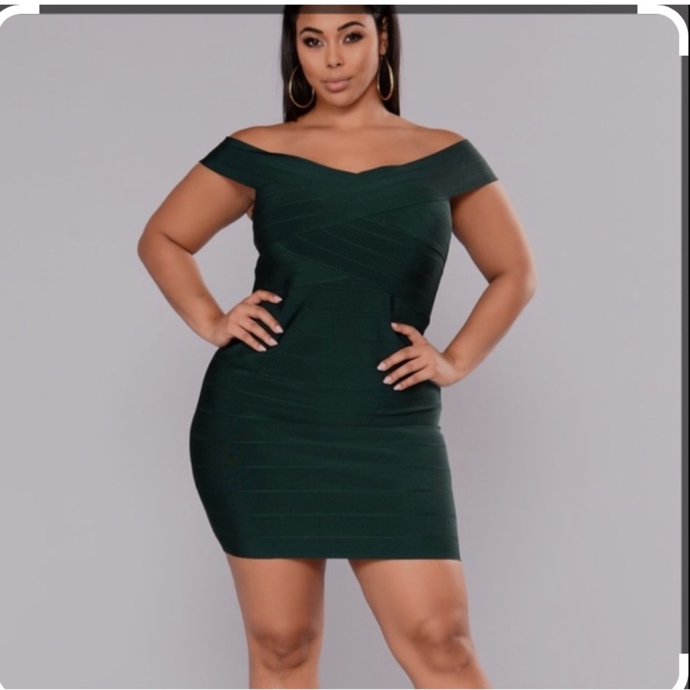 Fashion Nova Off-Shoulder Dark emerald Green bandage bodycon Mini Dress Sz 3X